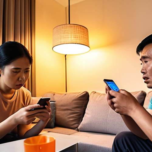 Home 13 **Prompt:** A bewildered Malaysian family (father, mother, and child) looking at a surprisingly high electricity bill in their modern, cozy living room. Subtle, glowing electrical plugs and appliances (like a phone charger or TV in standby mode) are depicted in the background, symbolizing 'phantom loads'. In the foreground, a hand holds a smartphone displaying a real-time energy monitoring app with a dynamic graph. The scene is realistic, with warm ambient lighting and high detail, conveying a sense of realization and concern.