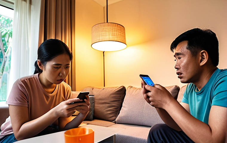 **Prompt:** A bewildered Malaysian family (father, mother, and child) looking at a surprisingly high electricity bill in their modern, cozy living room. Subtle, glowing electrical plugs and appliances (like a phone charger or TV in standby mode) are depicted in the background, symbolizing 'phantom loads'. In the foreground, a hand holds a smartphone displaying a real-time energy monitoring app with a dynamic graph. The scene is realistic, with warm ambient lighting and high detail, conveying a sense of realization and concern.